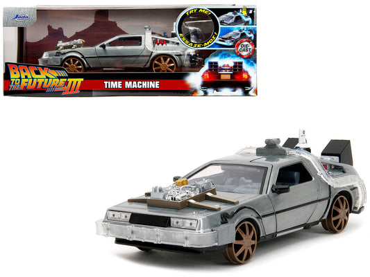 DeLorean Brushed Metal Time Machine (Train Wheel Version) with Lights "Back to the Future Part III" (1990) Movie "Hollywood Rides" Series 1/24 Diecast Model Car
