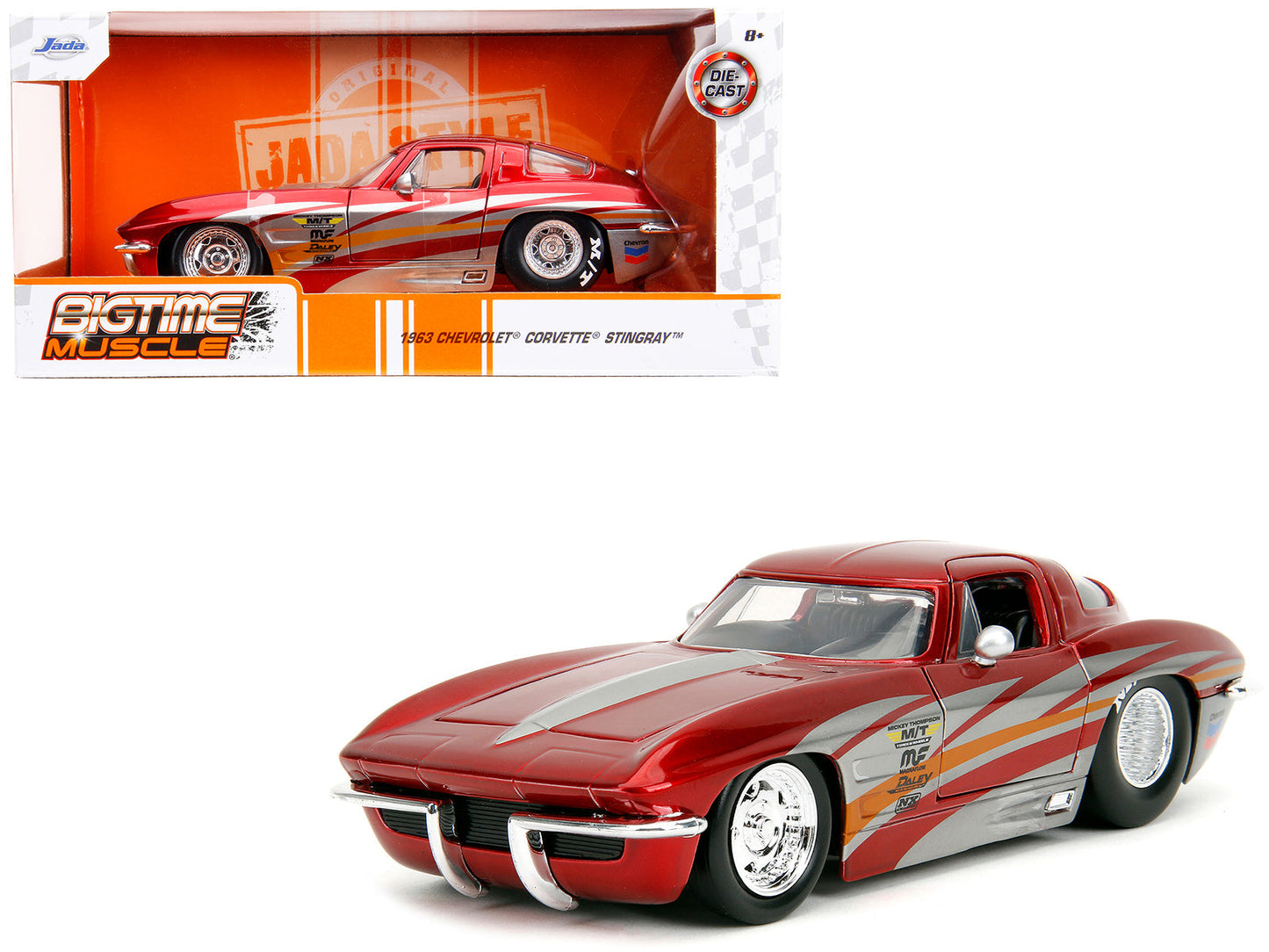 1963 Chevrolet Corvette Stingray Red Metallic with Silver Graphics "Bigtime Muscle" Series 1/24 Diecast Model Car