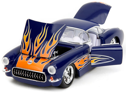 1957 Chevrolet Corvette Dark Blue with Flame Graphics and White Interior "Bigtime Muscle" Series 1/24 Diecast Model Car