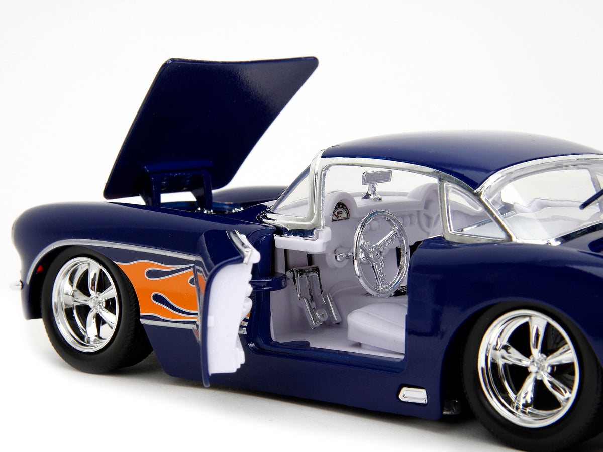 1957 Chevrolet Corvette Dark Blue with Flame Graphics and White Interior "Bigtime Muscle" Series 1/24 Diecast Model Car