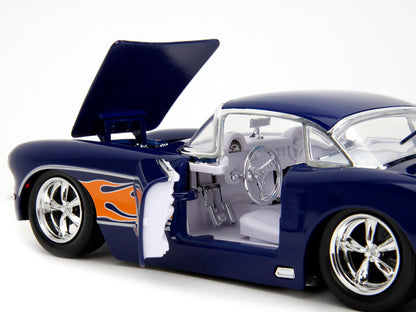 1957 Chevrolet Corvette Dark Blue with Flame Graphics and White Interior "Bigtime Muscle" Series 1/24 Diecast Model Car