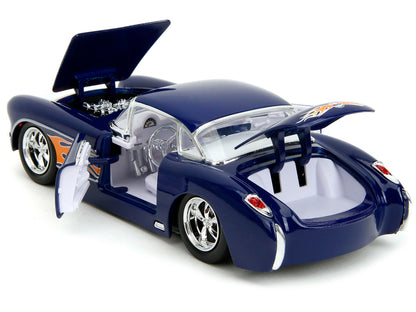 1957 Chevrolet Corvette Dark Blue with Flame Graphics and White Interior "Bigtime Muscle" Series 1/24 Diecast Model Car