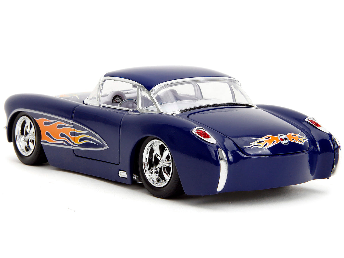1957 Chevrolet Corvette Dark Blue with Flame Graphics and White Interior "Bigtime Muscle" Series 1/24 Diecast Model Car