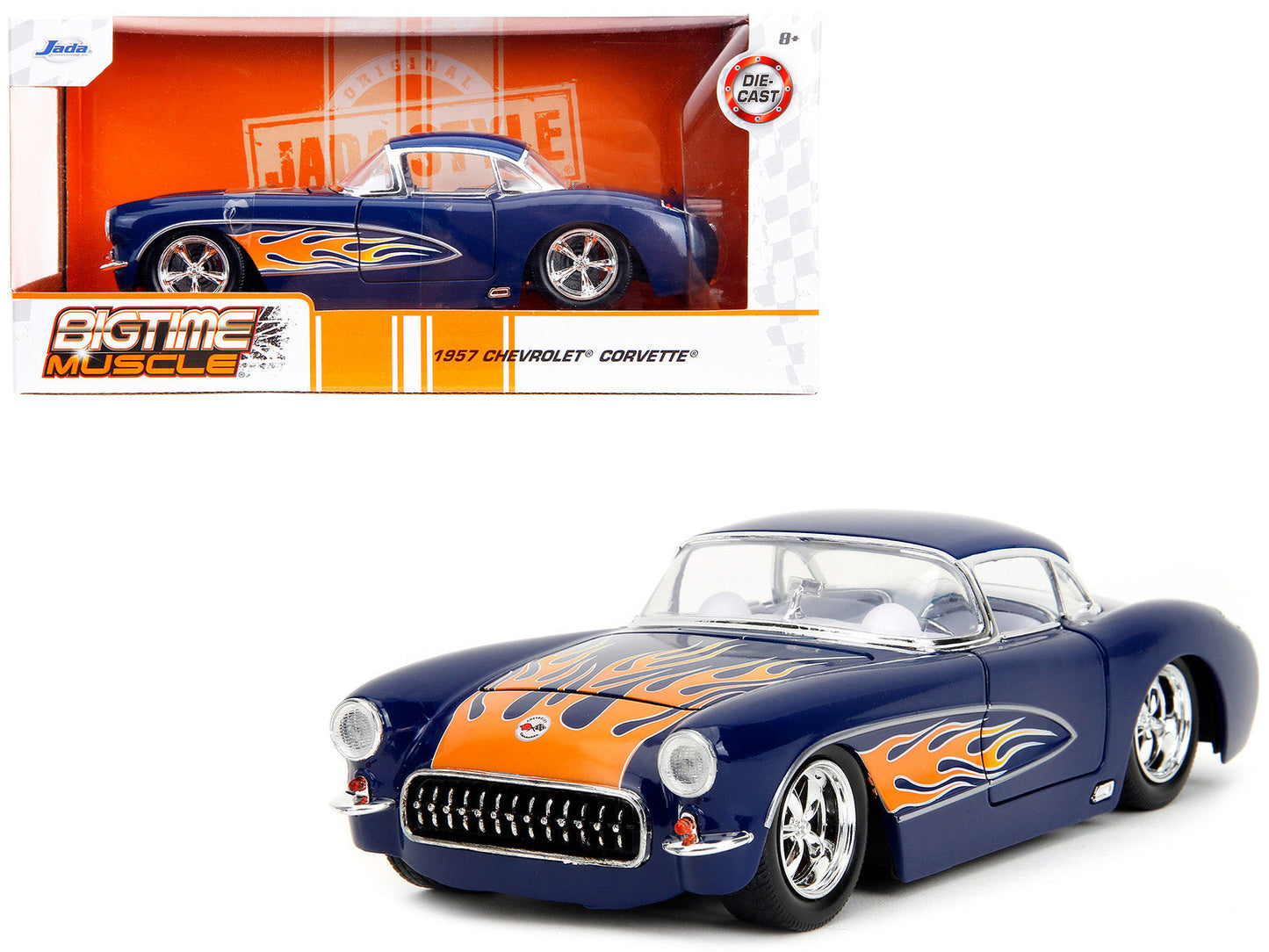 1957 Chevrolet Corvette Dark Blue with Flame Graphics and White Interior "Bigtime Muscle" Series 1/24 Diecast Model Car