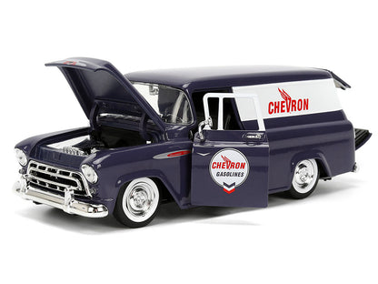 1957 Chevrolet Suburban "Chevron" Dark Blue with White Stripes and Chevron Gas Pump "Just Trucks" Series 1/24 Diecast Model Car