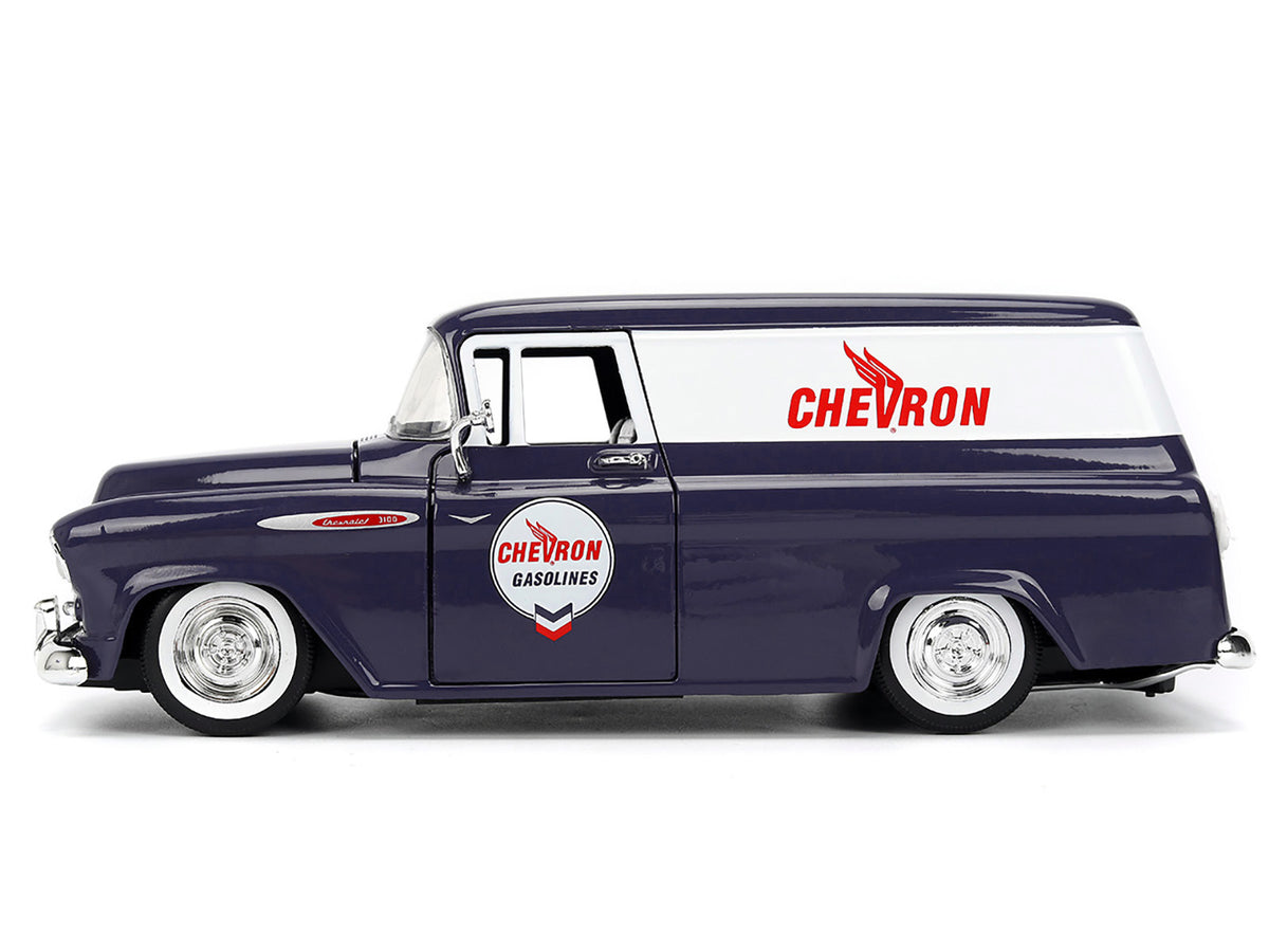 1957 Chevrolet Suburban "Chevron" Dark Blue with White Stripes and Chevron Gas Pump "Just Trucks" Series 1/24 Diecast Model Car