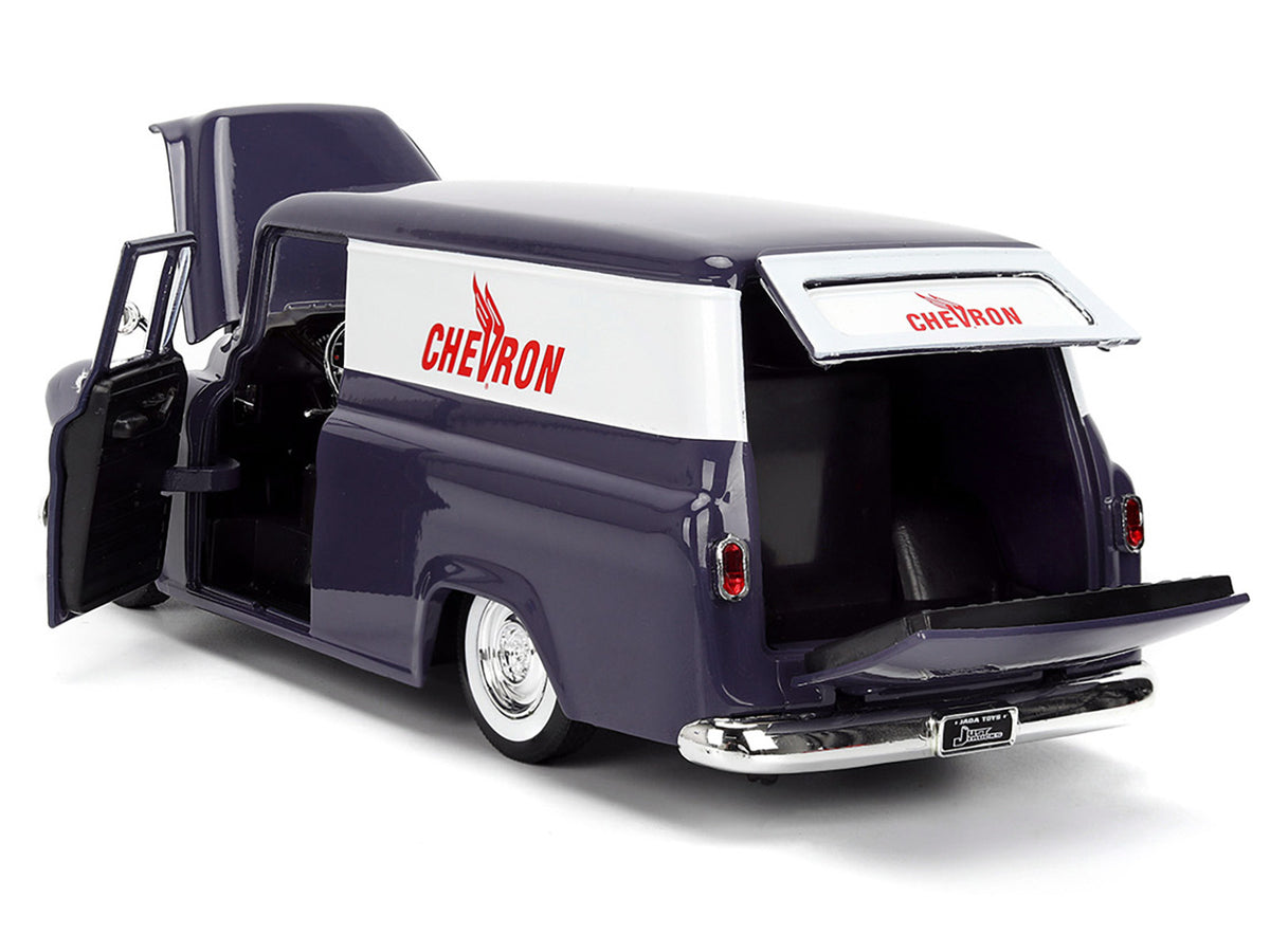 1957 Chevrolet Suburban "Chevron" Dark Blue with White Stripes and Chevron Gas Pump "Just Trucks" Series 1/24 Diecast Model Car