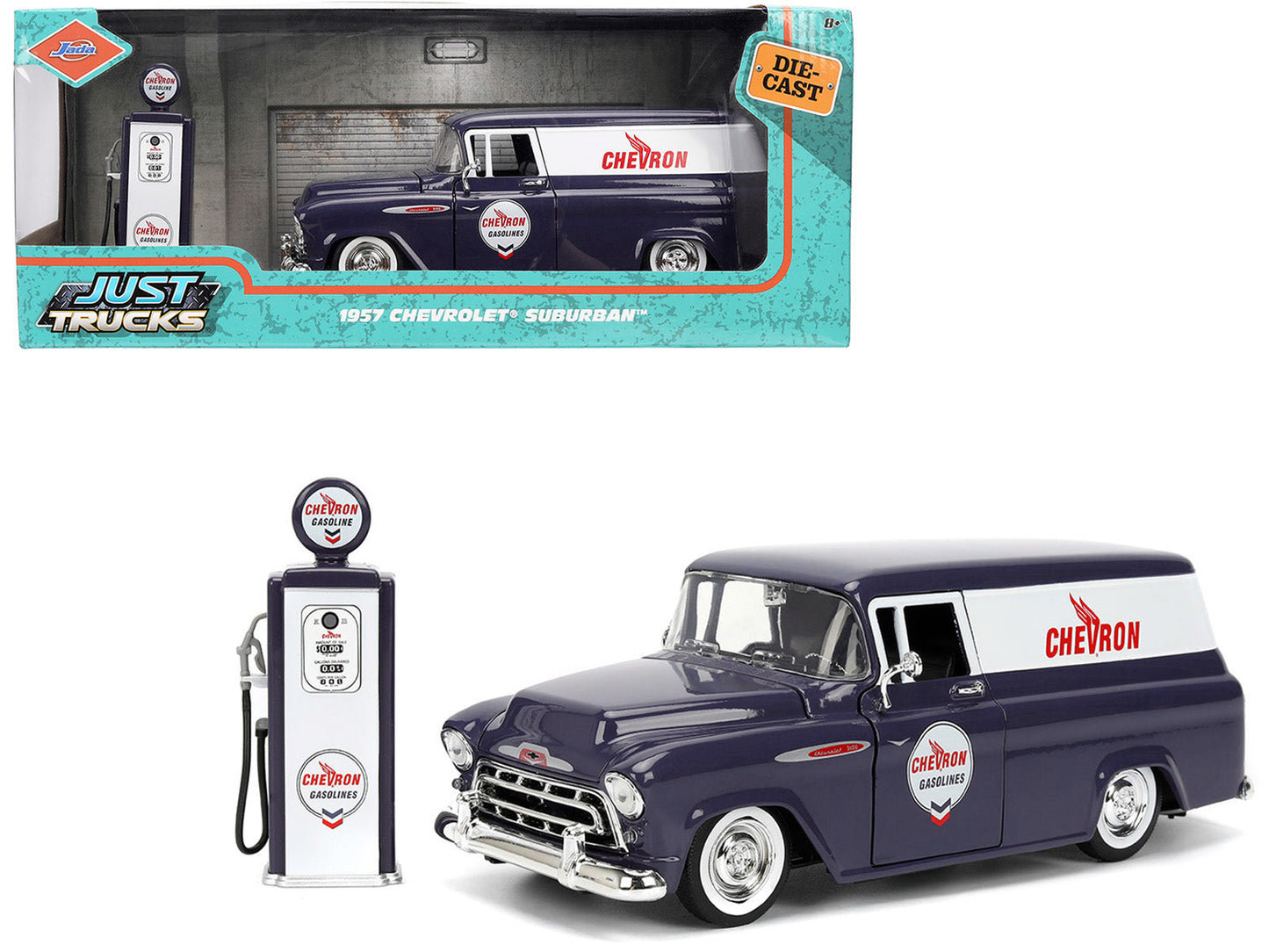 1957 Chevrolet Suburban "Chevron" Dark Blue with White Stripes and Chevron Gas Pump "Just Trucks" Series 1/24 Diecast Model Car