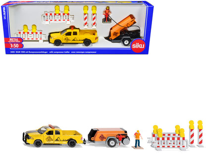 Ram 1500 Pickup Truck Yellow with Compressor Trailer and Worker Figure with Accessories Set 1/50 Diecast Models