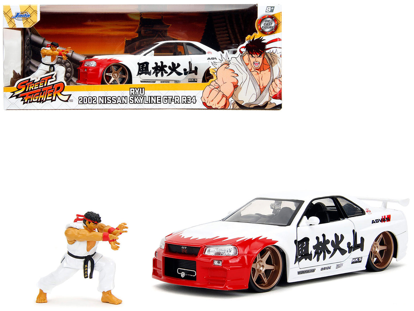 2002 Nissan Skyline GT-R (R34) RHD (Right Hand Drive) White with Red Graphics and Ryu Diecast Figure "Street Fighter" Video Game "Anime Hollywood Rides" Series 1/24 Diecast Model Car
