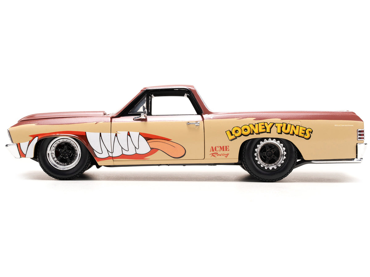 1967 Chevrolet El Camino Brown and Beige with Graphics and Tasmanian Devil (Taz) Diecast Figure "Looney Tunes" "Hollywood Rides" Series 1/24 Diecast Model Car