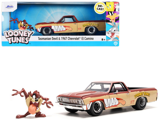 1967 Chevrolet El Camino Brown and Beige with Graphics and Tasmanian Devil (Taz) Diecast Figure "Looney Tunes" "Hollywood Rides" Series 1/24 Diecast Model Car