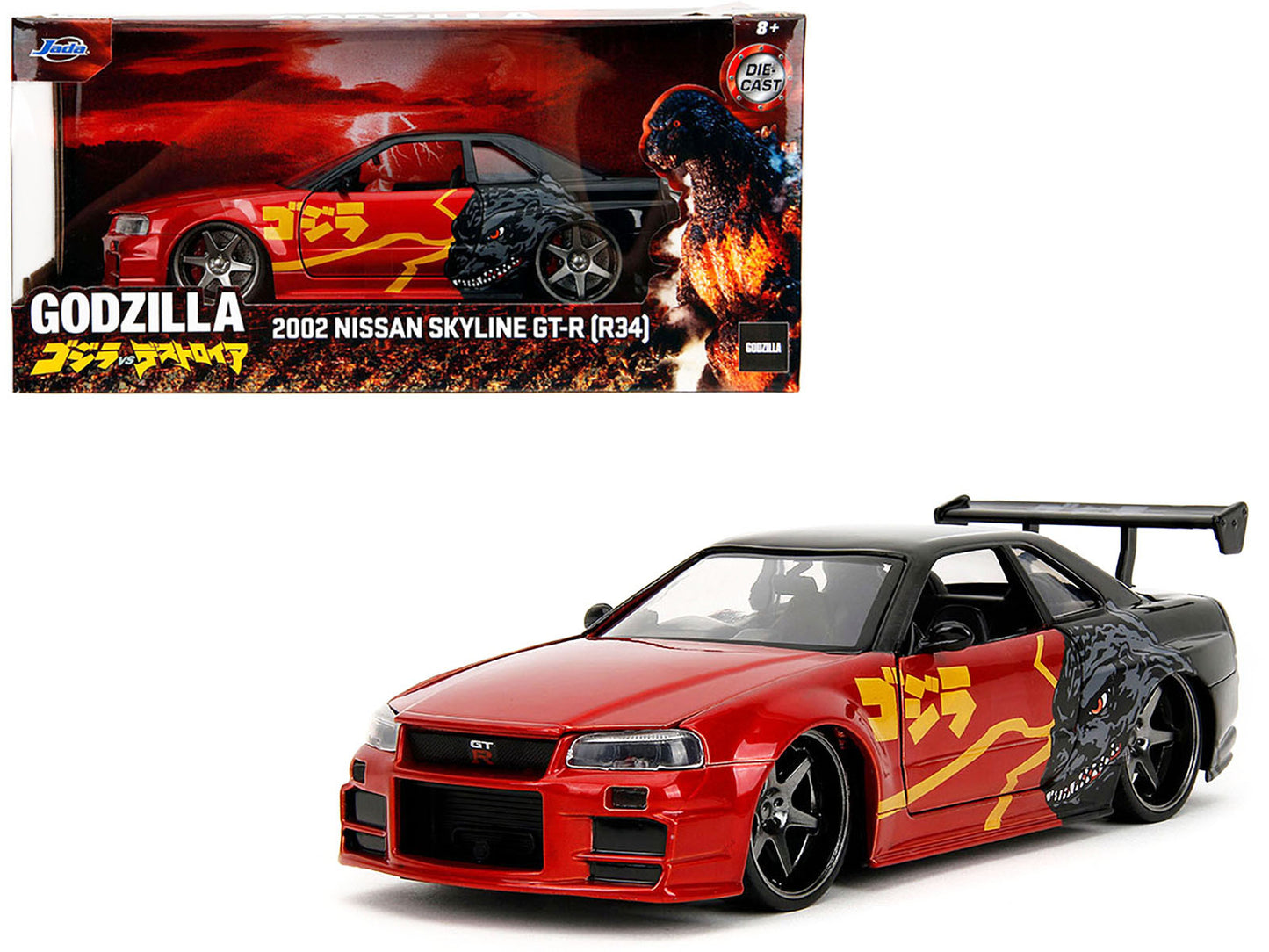 2002 Nissan Skyline GT-R (R34) RHD (Right Hand Drive) Red Metallic and Black "Godzilla vs. Destoroyah" (1995) Movie "Hollywood Rides" Series 1/24 Diecast Model Car