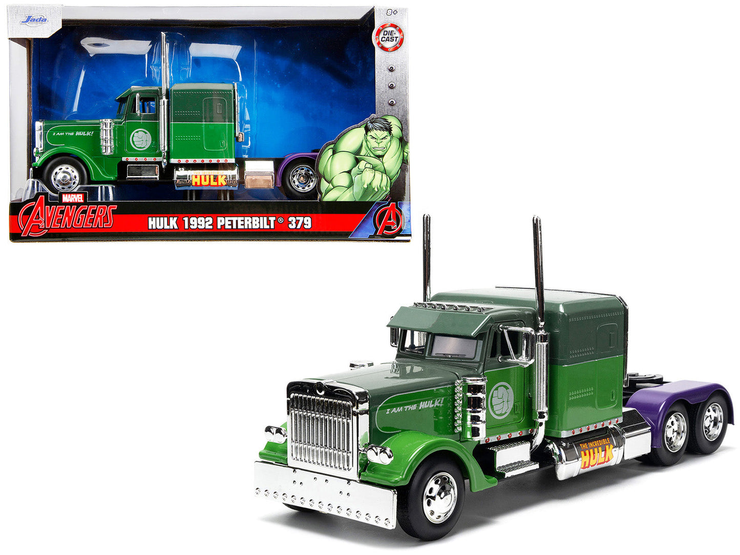 1992 Peterbilt 379 Truck Tractor Green Two-Tone and Purple "The Incredible Hulk" "Marvel Avengers" Series Diecast Model