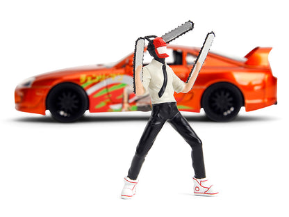 1995 Toyota Supra Orange Metallic with Graphics and Chainsaw Man Diecast Figure "Chainsaw Man" (2022) TV Series "Anime Hollywood Rides" Series 1/24 Diecast Model
