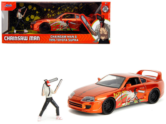 1995 Toyota Supra Orange Metallic with Graphics and Chainsaw Man Diecast Figure "Chainsaw Man" (2022) TV Series "Anime Hollywood Rides" Series 1/24 Diecast Model