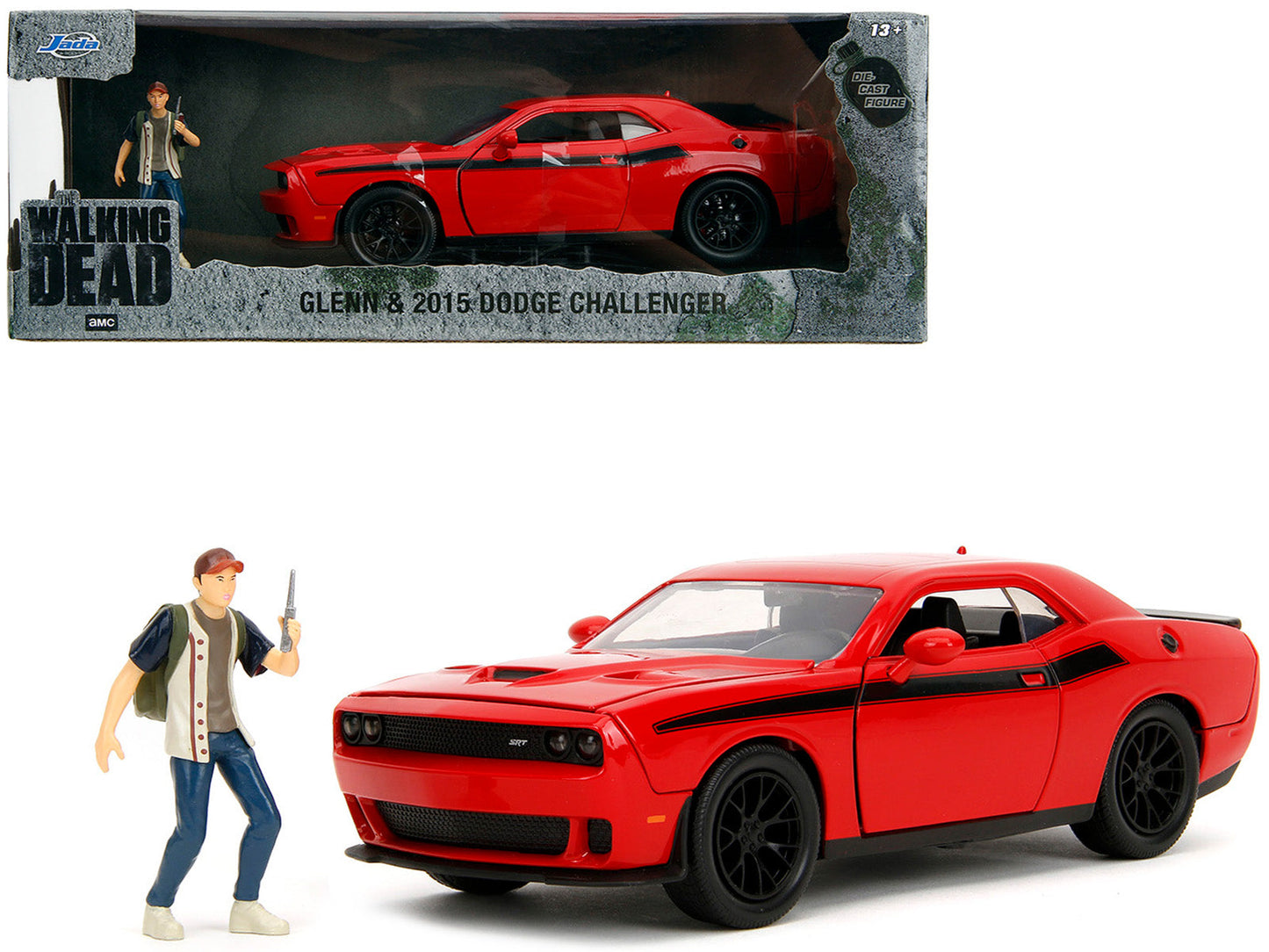 2015 Dodge Challenger Red with Black Stripes and Glenn Diecast Figure "The Walking Dead" (2010-2022) TV Series "Hollywood Rides" Series 1/24 Diecast Model Car