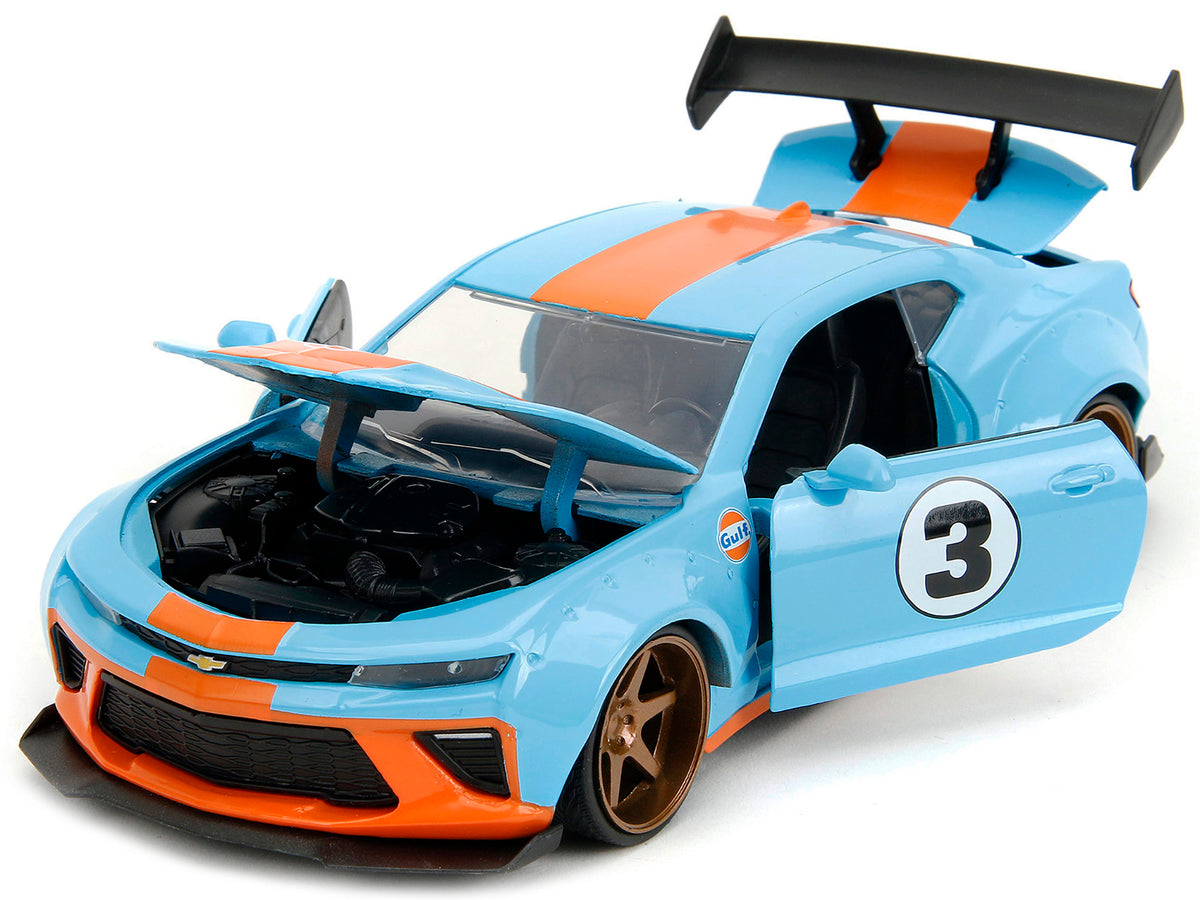 2016 Chevrolet Camaro Widebody #3 Light Blue with Orange Stripes "Gulf Oil" "Wide Body" Series 1/24 Diecast Model Car