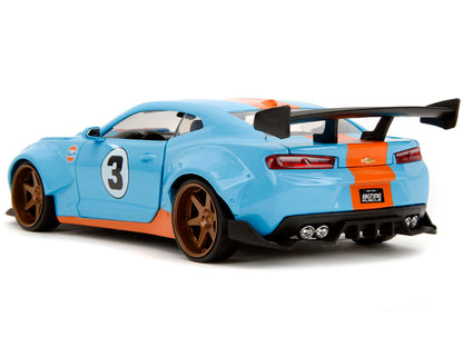 2016 Chevrolet Camaro Widebody #3 Light Blue with Orange Stripes "Gulf Oil" "Wide Body" Series 1/24 Diecast Model Car