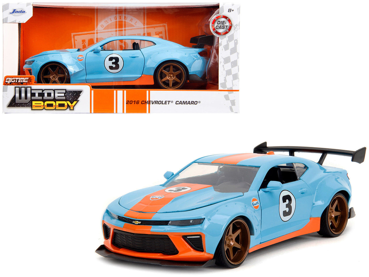 2016 Chevrolet Camaro Widebody #3 Light Blue with Orange Stripes "Gulf Oil" "Wide Body" Series 1/24 Diecast Model Car