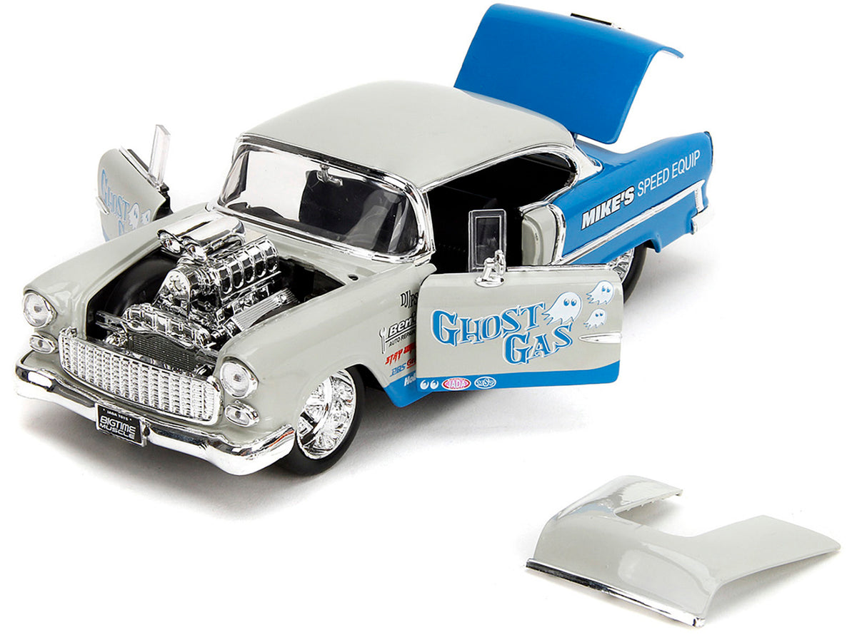 1955 Chevrolet Bel Air "Ghost Gas - Mike's Speed Equip" Light Gray and Blue "Bigtime Muscle" Series 1/24 Diecast Model Car