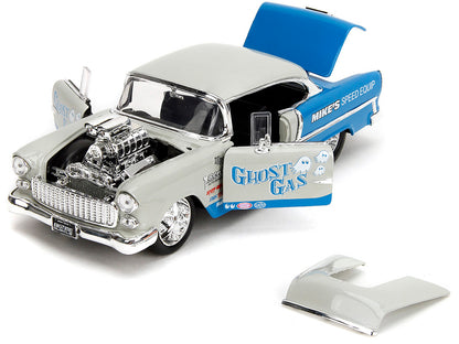 1955 Chevrolet Bel Air "Ghost Gas - Mike's Speed Equip" Light Gray and Blue "Bigtime Muscle" Series 1/24 Diecast Model Car
