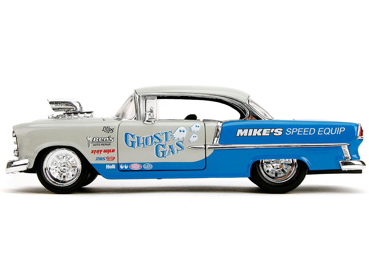 1955 Chevrolet Bel Air "Ghost Gas - Mike's Speed Equip" Light Gray and Blue "Bigtime Muscle" Series 1/24 Diecast Model Car