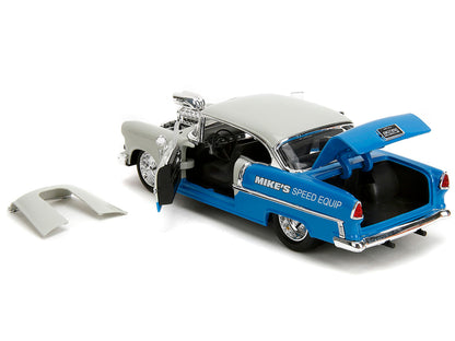 1955 Chevrolet Bel Air "Ghost Gas - Mike's Speed Equip" Light Gray and Blue "Bigtime Muscle" Series 1/24 Diecast Model Car