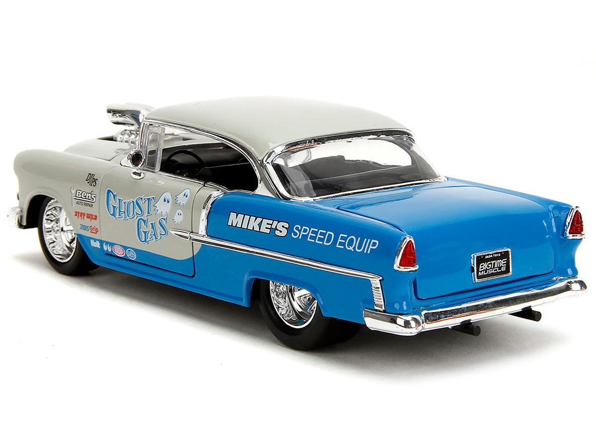 1955 Chevrolet Bel Air "Ghost Gas - Mike's Speed Equip" Light Gray and Blue "Bigtime Muscle" Series 1/24 Diecast Model Car