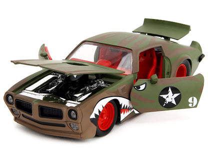 1972 Pontiac Firebird #9 Green Camouflage Flames with Graphics and Red Interior "Bigtime Muscle" Series 1/24 Diecast Model Car