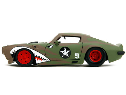 1972 Pontiac Firebird #9 Green Camouflage Flames with Graphics and Red Interior "Bigtime Muscle" Series 1/24 Diecast Model Car