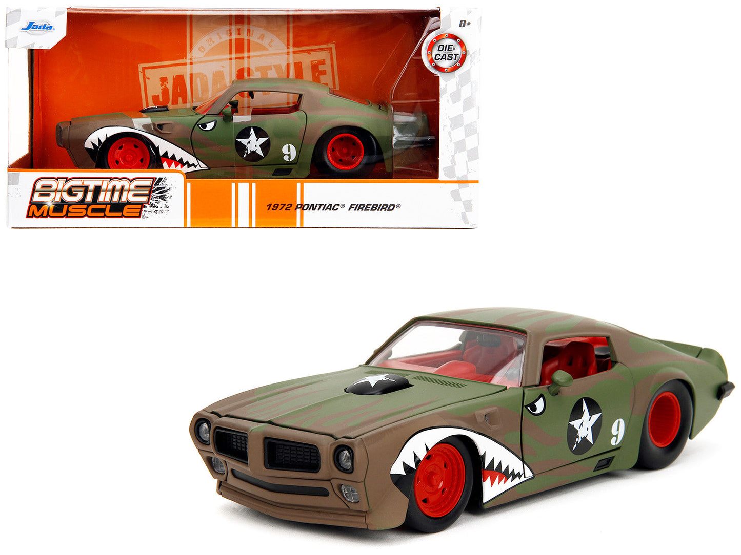 1972 Pontiac Firebird #9 Green Camouflage Flames with Graphics and Red Interior "Bigtime Muscle" Series 1/24 Diecast Model Car