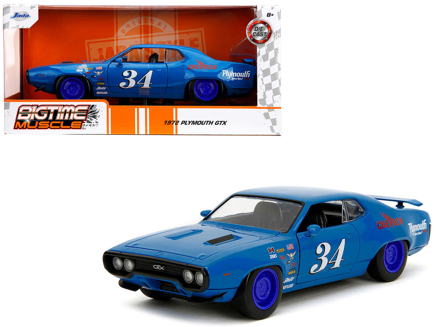 1972 Plymouth GTX #34 Blue with Graphics "Bigtime Muscle" Series 1/24 Diecast Model Car