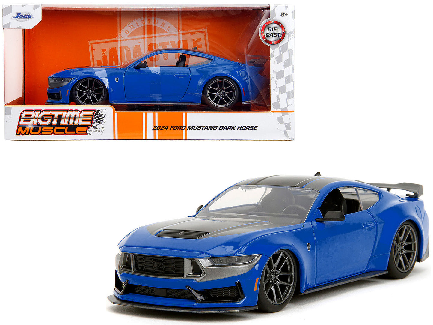 2024 Ford Mustang Dark Horse Blue Metallic with Black and Gray Stripes "Bigtime Muscle" Series 1/24 Diecast Model Car