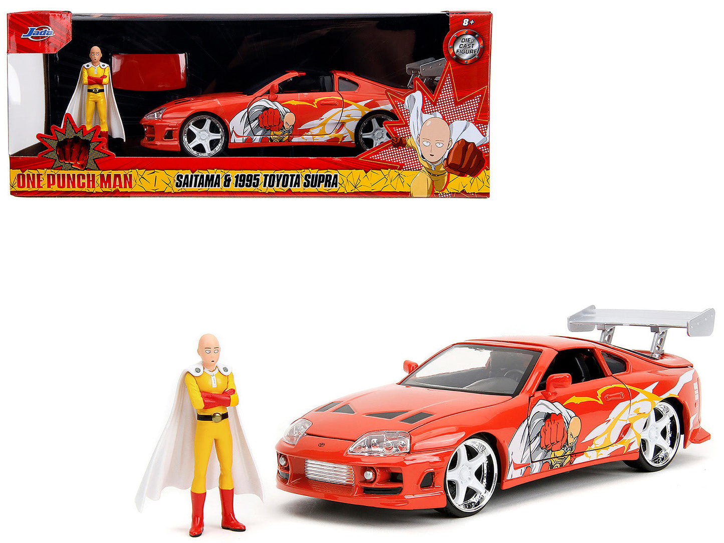 1995 Toyota Supra Red with Graphics and Saitama Diecast Figure "One Punch Man" (2015-2019) TV Series 1/24 Diecast Model