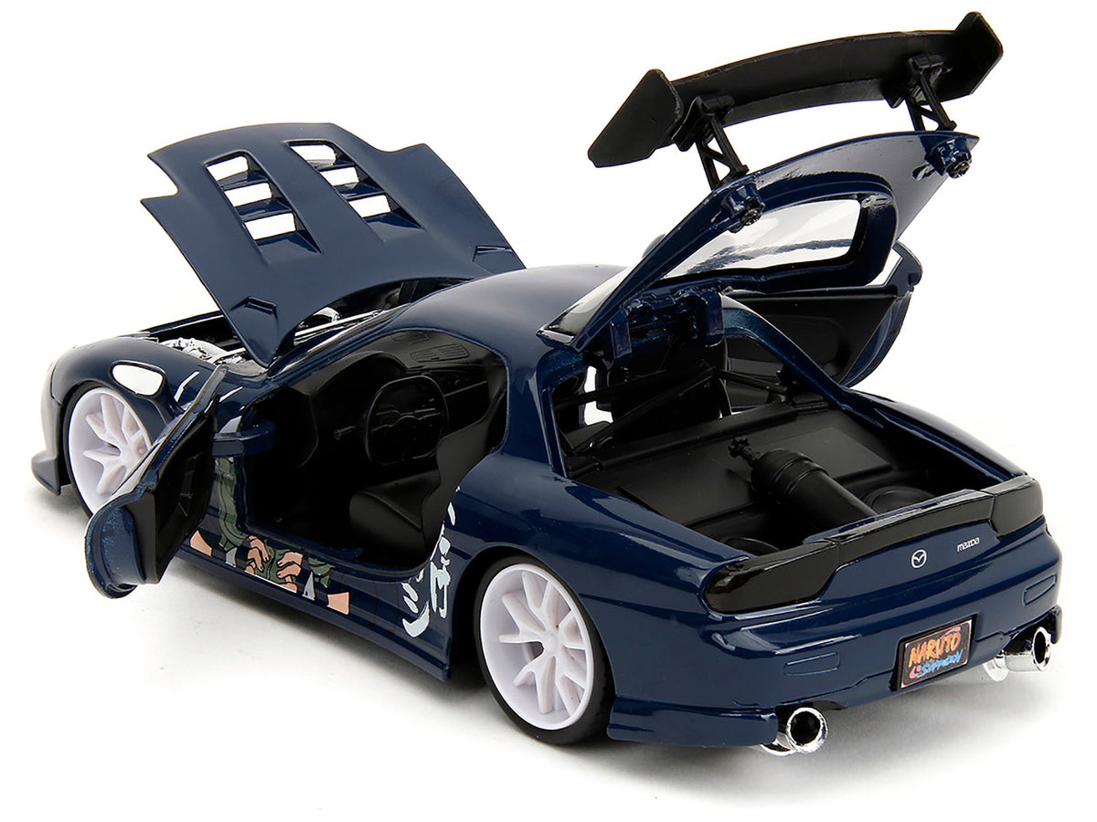 1993 Mazda RX-7 Dark Blue with Graphics and Kakashi Hatake Diecast Figure "Naruto Shippuden" (2009-2017) TV Series "Anime Hollywood Rides" Series 1/24 Diecast Model Car