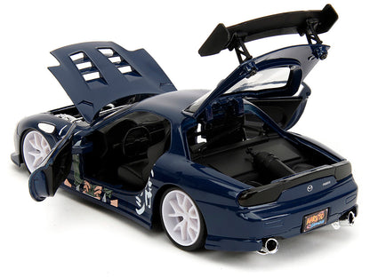 1993 Mazda RX-7 Dark Blue with Graphics and Kakashi Hatake Diecast Figure "Naruto Shippuden" (2009-2017) TV Series "Anime Hollywood Rides" Series 1/24 Diecast Model Car