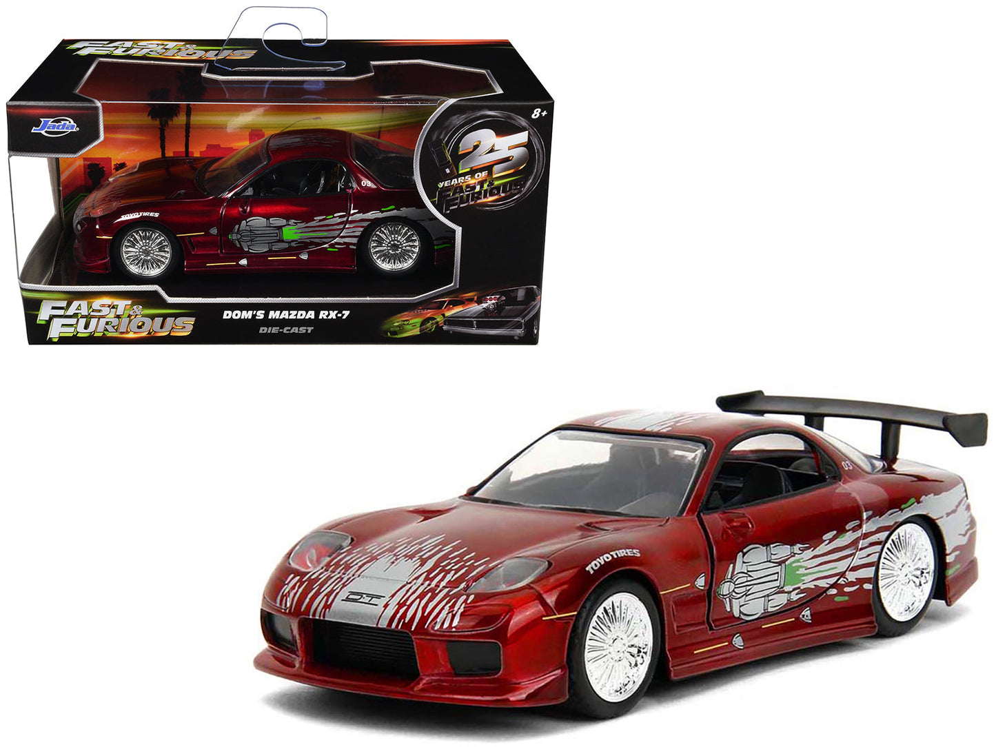 Dom's Mazda RX-7 Candy Red with Graphics "The Fast and the Furious" (2001) Movie "25 Years of Fast & Furious" Series 1/32 Diecast Model Car