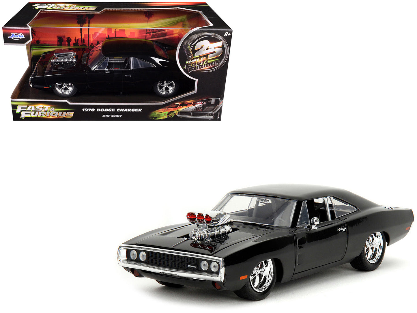 1970 Dodge Charger Black with Race Interior "The Fast and the Furious" (2001) Movie "25 Years of Fast & Furious" Series 1/24 Diecast Model Car