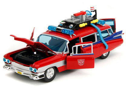 1959 Cadillac Ambulance Ecto-1 Red "Transformers" TV Series - "Ghostbusters" (1984) Movie Crossover "Hollywood Rides" Series 1/24 Diecast Model Car