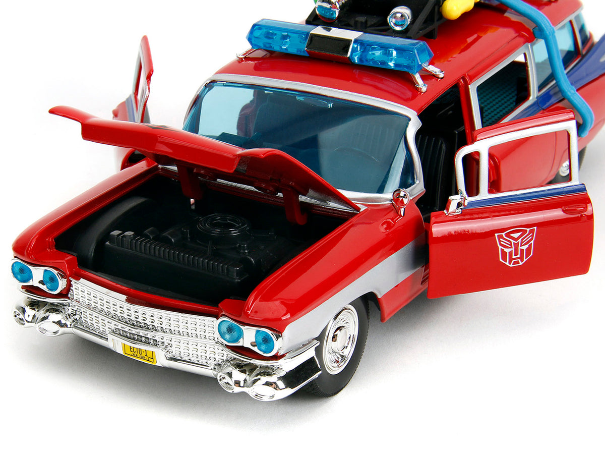 1959 Cadillac Ambulance Ecto-1 Red "Transformers" TV Series - "Ghostbusters" (1984) Movie Crossover "Hollywood Rides" Series 1/24 Diecast Model Car