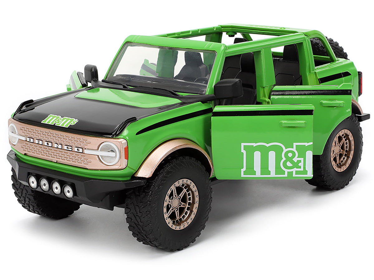 2021 Ford Bronco Green with Black Stripes and Green M&M's Diecast Figure "Hollywood Rides" Series 1/24 Diecast Model Car