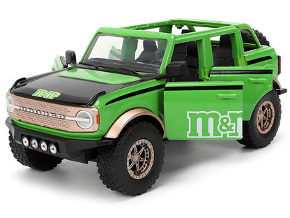 2021 Ford Bronco Green with Black Stripes and Green M&M's Diecast Figure "Hollywood Rides" Series 1/24 Diecast Model Car