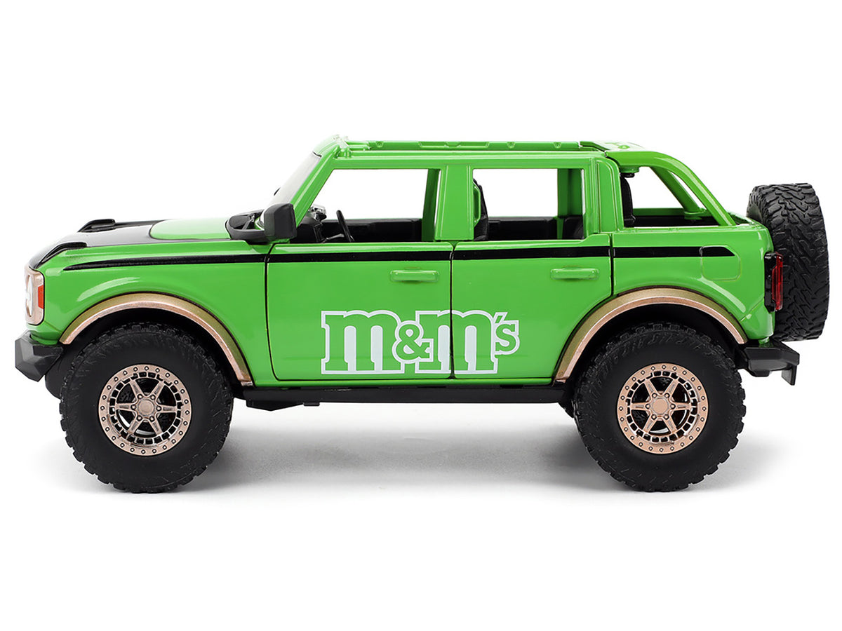 2021 Ford Bronco Green with Black Stripes and Green M&M's Diecast Figure "Hollywood Rides" Series 1/24 Diecast Model Car