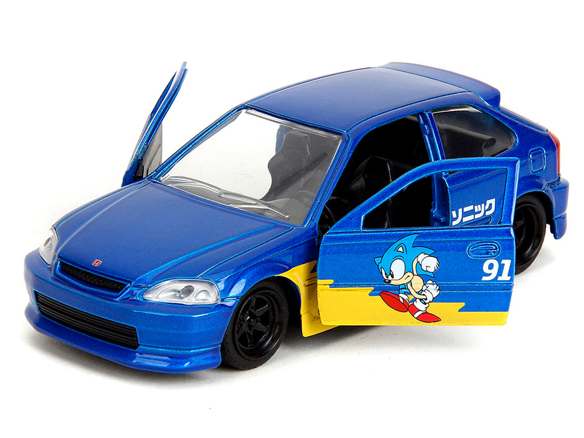 1997 Honda Civic Type R Blue Metallic with Graphics "Sonic the Hedgehog" (1991) Video Game "Hollywood Rides" Series 1/32 Diecast Model Car