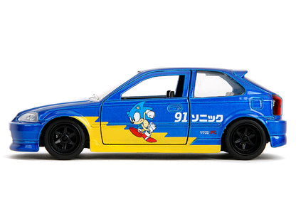 1997 Honda Civic Type R Blue Metallic with Graphics "Sonic the Hedgehog" (1991) Video Game "Hollywood Rides" Series 1/32 Diecast Model Car