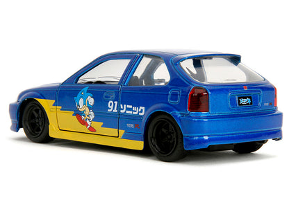 1997 Honda Civic Type R Blue Metallic with Graphics "Sonic the Hedgehog" (1991) Video Game "Hollywood Rides" Series 1/32 Diecast Model Car
