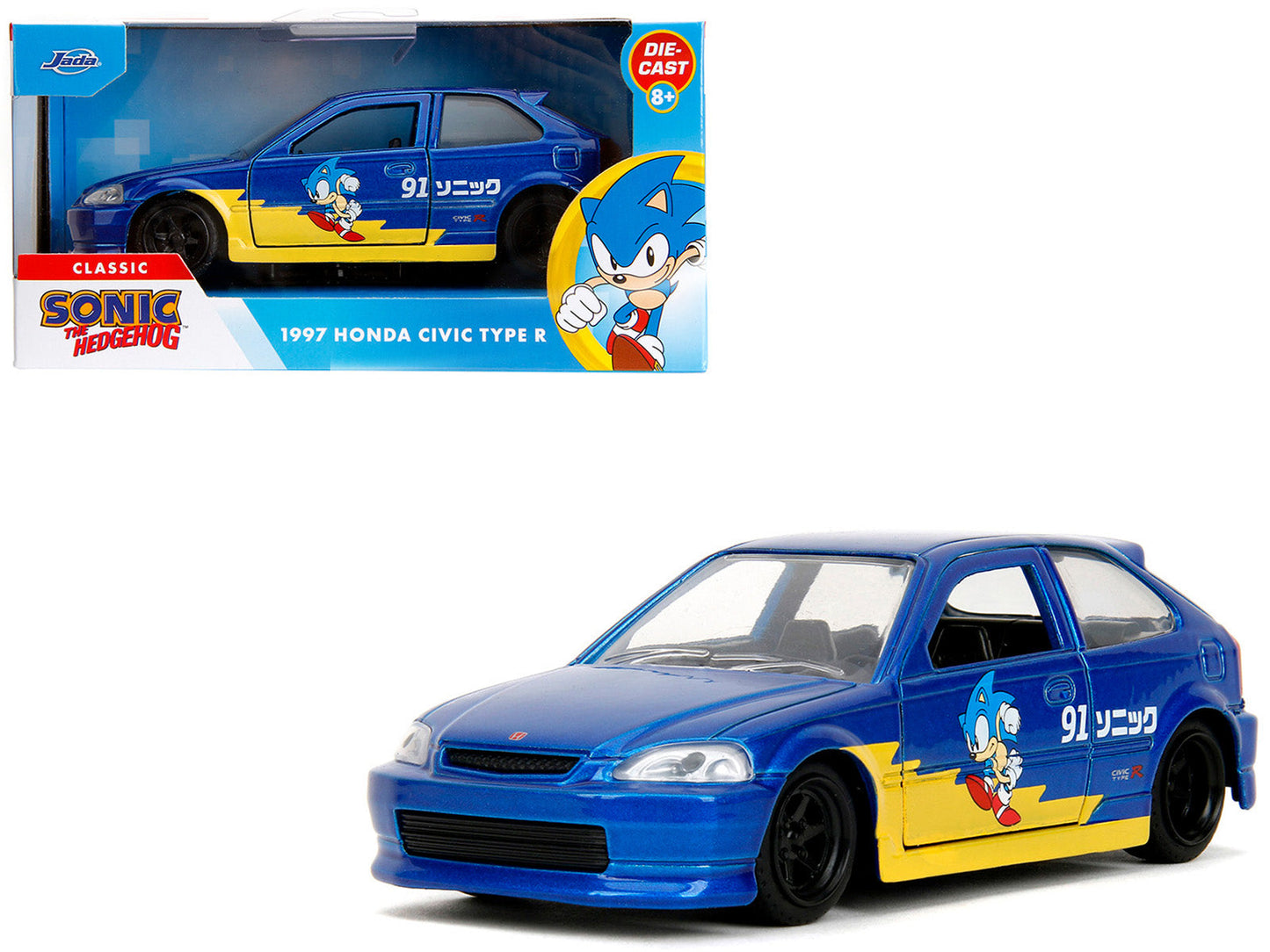 1997 Honda Civic Type R Blue Metallic with Graphics "Sonic the Hedgehog" (1991) Video Game "Hollywood Rides" Series 1/32 Diecast Model Car