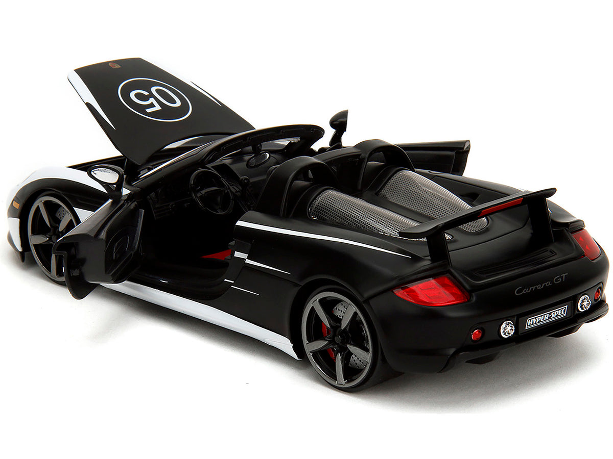 Porsche Carrera GT Convertible #05 Black with White Graphics "Hyper-Spec" Series 1/24 Diecast Model Car