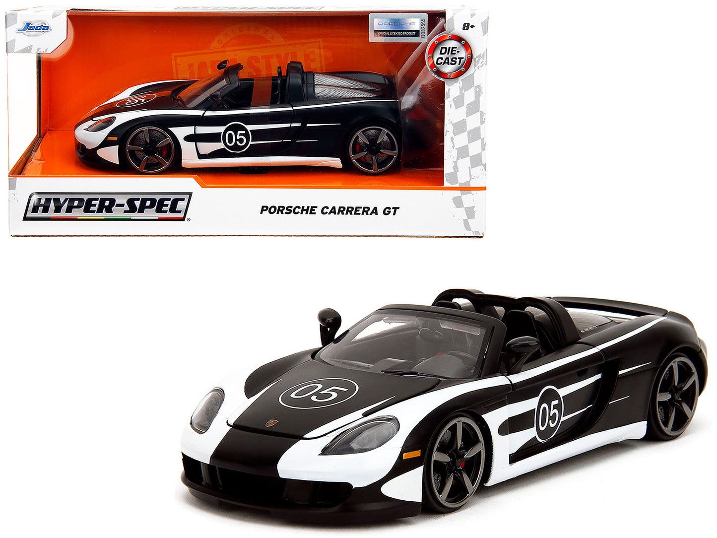 Porsche Carrera GT Convertible #05 Black with White Graphics "Hyper-Spec" Series 1/24 Diecast Model Car